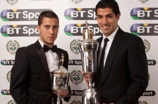 Eden Hazard & Luis Suarez with PFA player of the year trophy