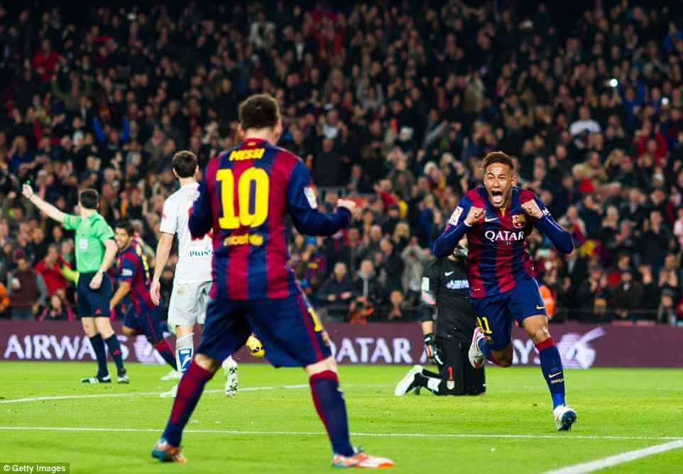 Neymar celebrating his goal with Lionel Messi