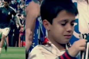 Young fan received Ronaldo T-shirt after hit by free kick