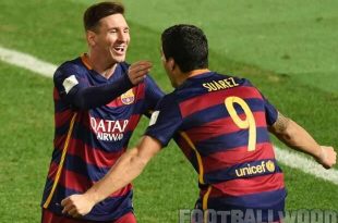 Lionel Messi with Luis Suarez