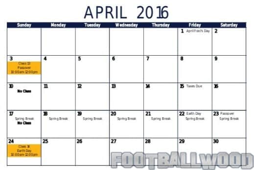 April 2016 Calendar Special Days