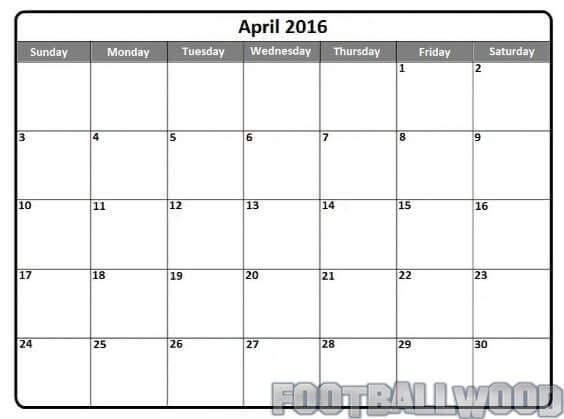 Blank April Calendar 2016