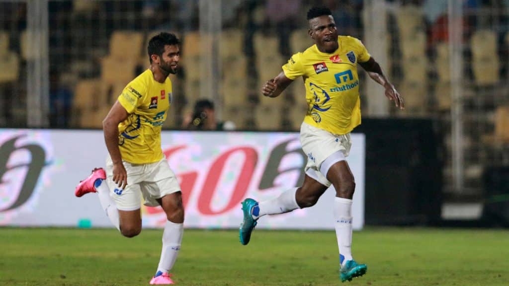 Kervens Belfort of Kerala Blasters FC celebrates a goal during match 22 of the Indian Super League (ISL) season 3 between FC Goa and Kerala Blasters FC held at the Fatorda Stadium in Goa, India on the 24th October 2016. Photo by Vipin Pawar / ISL / SPORTZPICS