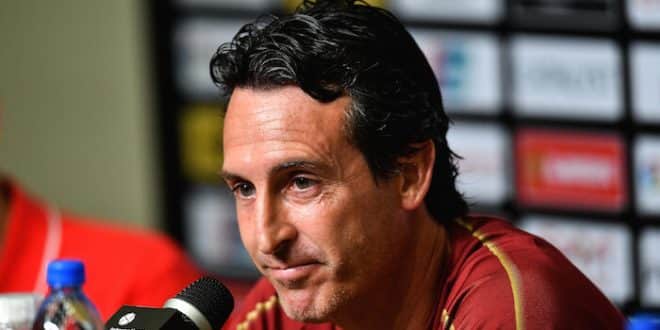 SINGAPORE - JULY 27: Unai Emery manager of Arsenal looks on pre match press conference ahead of the International Champions Cup 2018 match between Arsenal v Paris Saint Germain on July 27, 2018 in Singapore. (Photo by Thananuwat Srirasant/Getty Images for ICC)