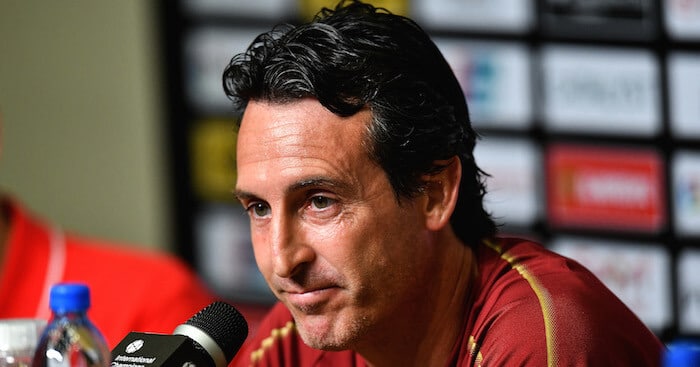SINGAPORE - JULY 27: Unai Emery manager of Arsenal looks on pre match press conference ahead of the International Champions Cup 2018 match between Arsenal v Paris Saint Germain on July 27, 2018 in Singapore. (Photo by Thananuwat Srirasant/Getty Images for ICC)