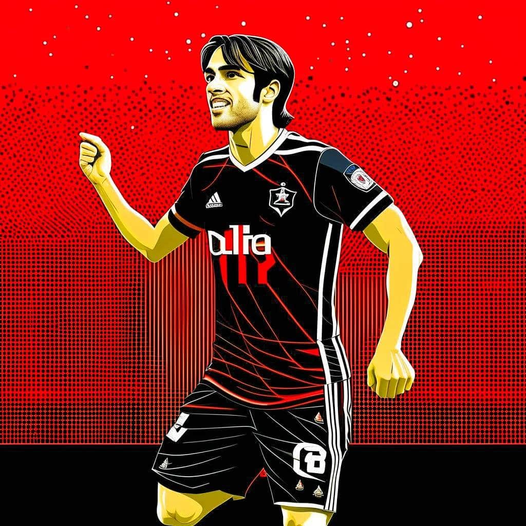 Kaka celebrating a goal while wearing AC Milan jersey in a packed stadium under bright floodlights