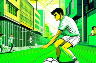 Ricardo Kaka Biography: Young Kaka dribbling a soccer ball on a vibrant Brazilian street at sunset