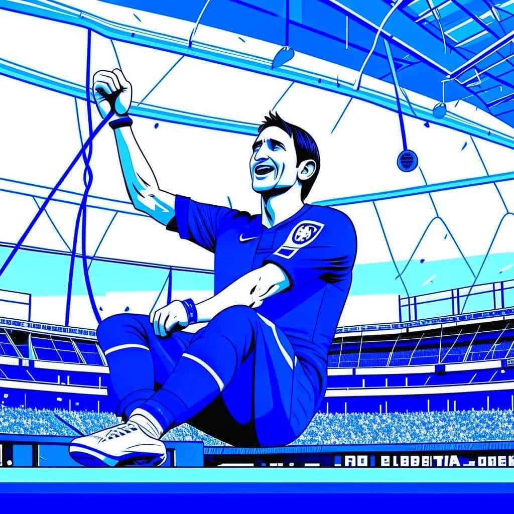 Frank Lampard celebrating a goal with arms raised, Chelsea fans cheering in the background at Stamford Bridge