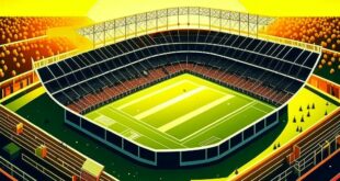 Salt Lake Stadium Kolkata India: Aerial view of the massive football stadium with its distinctive bowl shape illuminated by warm sunset light